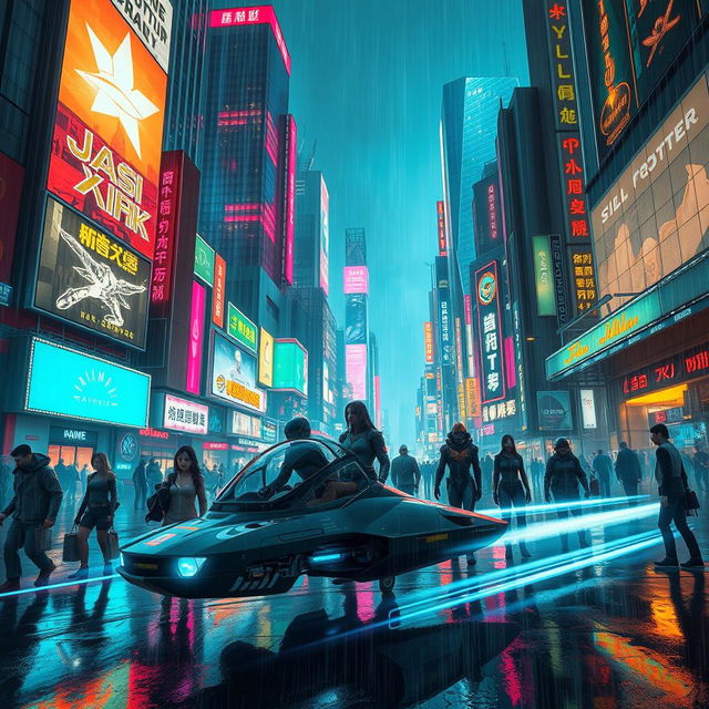 A vibrant cyberpunk cityscape at night, filled with towering skyscrapers adorned with neon lights and holographic advertisements