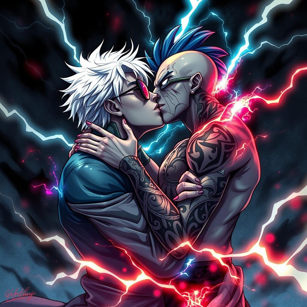 A dramatic and intense scene depicting Gojo and Sukuna in a passionate kiss, surrounded by mystical energy