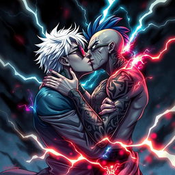 A dramatic and intense scene depicting Gojo and Sukuna in a passionate kiss, surrounded by mystical energy