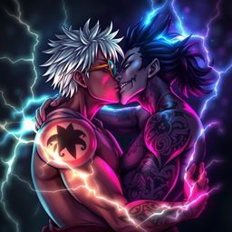 A dramatic and intense scene depicting Gojo and Sukuna in a passionate kiss, surrounded by mystical energy