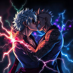 A dramatic and intense scene depicting Gojo and Sukuna in a passionate kiss, surrounded by mystical energy