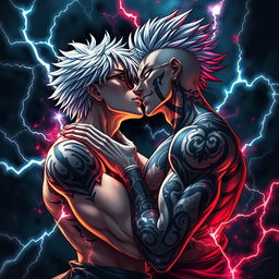 A dramatic and intense scene depicting Gojo and Sukuna in a passionate kiss, surrounded by mystical energy