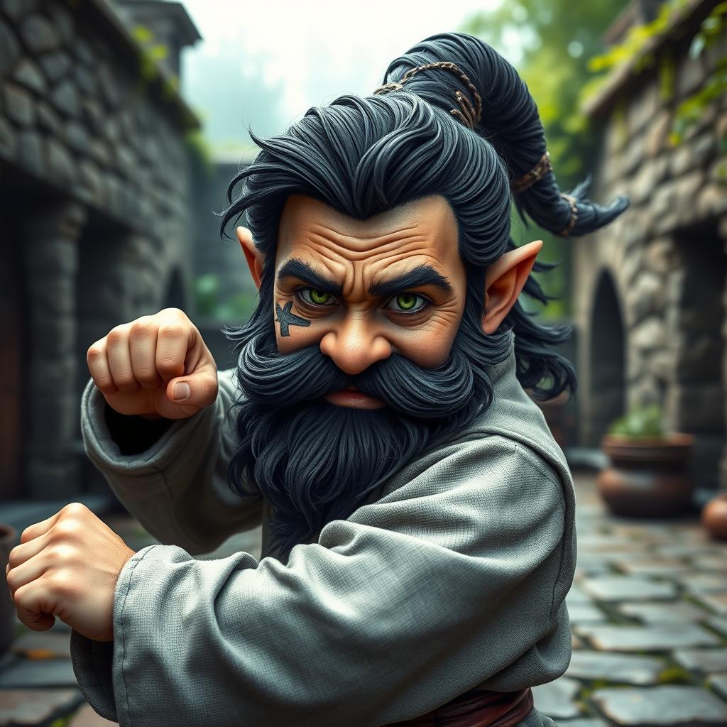 A realistic medieval martial artist gnome with striking green eyes, a rugged dark beard, and dark wavy hair