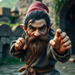 A realistic medieval martial artist gnome with striking green eyes, a rugged dark beard, and dark wavy hair