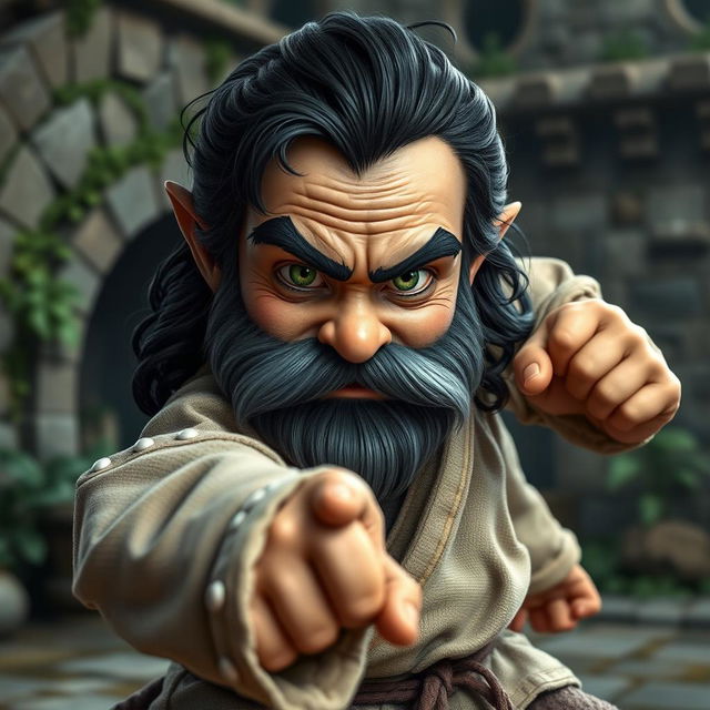 A realistic medieval martial artist gnome with striking green eyes, a rugged dark beard, and dark wavy hair