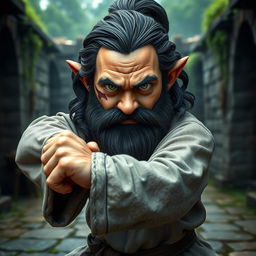 A realistic medieval martial artist gnome with striking green eyes, a rugged dark beard, and dark wavy hair