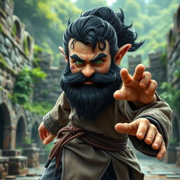 A realistic medieval martial artist gnome with bright green eyes, a thick dark beard, and dark wavy hair