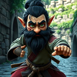 A realistic medieval martial artist gnome with bright green eyes, a thick dark beard, and dark wavy hair