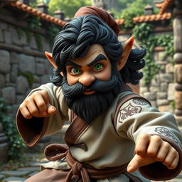 A realistic medieval martial artist gnome with bright green eyes, a thick dark beard, and dark wavy hair