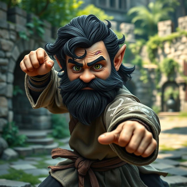 A realistic medieval martial artist gnome with bright green eyes, a thick dark beard, and dark wavy hair