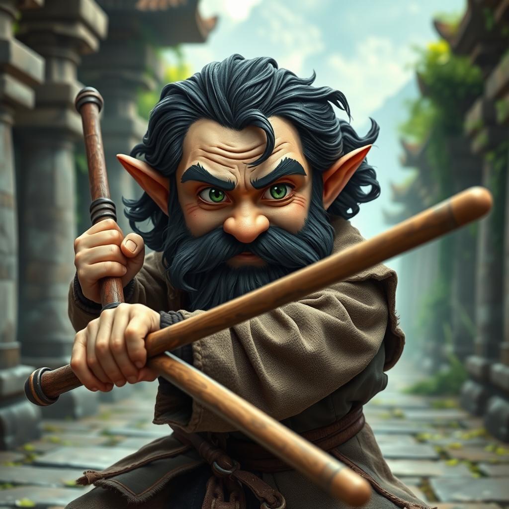 A realistic medieval martial artist gnome with striking green eyes, a rugged dark beard, and dark wavy hair