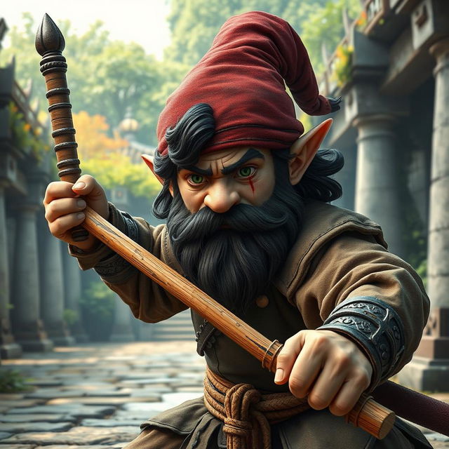 A realistic medieval martial artist gnome with striking green eyes, a rugged dark beard, and dark wavy hair