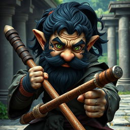 A realistic medieval martial artist gnome with striking green eyes, a rugged dark beard, and dark wavy hair