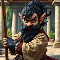 A realistic medieval martial artist gnome with striking green eyes, a rugged dark beard, and dark wavy hair