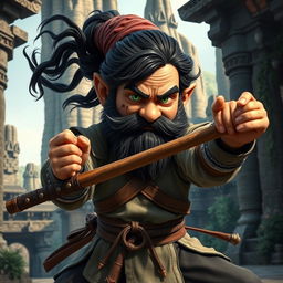 A realistic medieval martial artist gnome with vivid green eyes, a thick dark beard, and flowing dark wavy hair