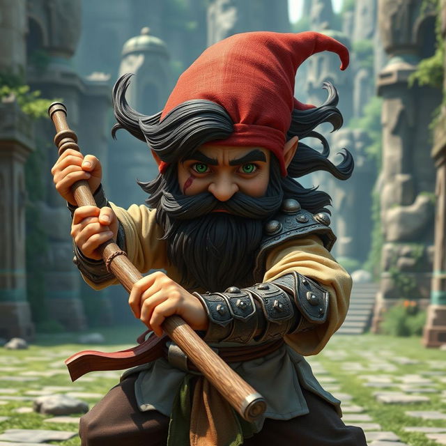 A realistic medieval martial artist gnome with vivid green eyes, a thick dark beard, and flowing dark wavy hair