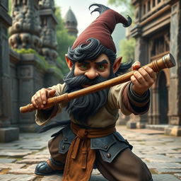 A realistic medieval martial artist gnome with vivid green eyes, a thick dark beard, and flowing dark wavy hair
