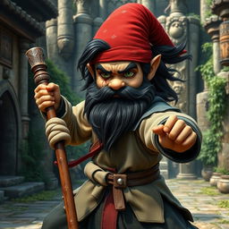 A realistic medieval martial artist gnome with vivid green eyes, a thick dark beard, and flowing dark wavy hair