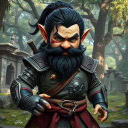 A full-body realistic depiction of a medieval martial artist gnome, showcasing his impressive stance and form