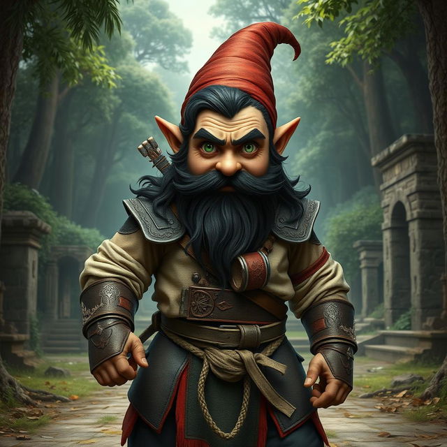 A full-body realistic depiction of a medieval martial artist gnome, showcasing his impressive stance and form