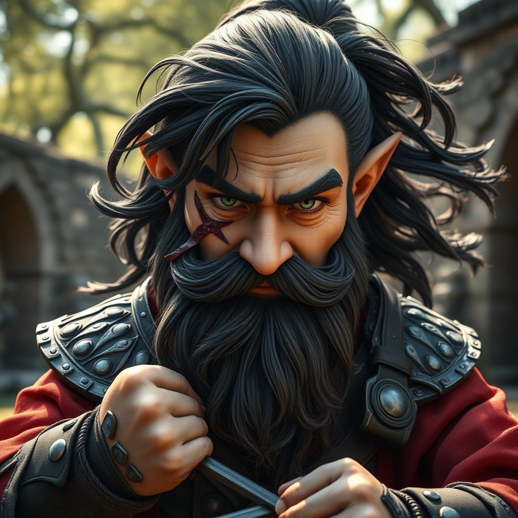 a hyperrealistic medieval martial artist gnome, showcasing intense green eyes, a dark wavy beard, and flowing dark hair