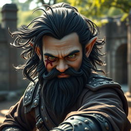 a hyperrealistic medieval martial artist gnome, showcasing intense green eyes, a dark wavy beard, and flowing dark hair