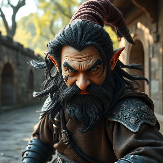 a hyperrealistic medieval martial artist gnome, showcasing intense green eyes, a dark wavy beard, and flowing dark hair