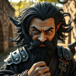 a hyperrealistic medieval martial artist gnome, showcasing intense green eyes, a dark wavy beard, and flowing dark hair