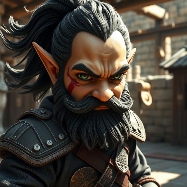 a hyperrealistic medieval martial artist gnome, featuring deep green eyes that convey intensity, a dark wavy beard, and thick dark hair flowing back