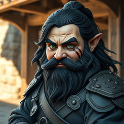 a hyperrealistic medieval martial artist gnome, featuring deep green eyes that convey intensity, a dark wavy beard, and thick dark hair flowing back