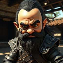 a hyperrealistic medieval martial artist gnome, featuring deep green eyes that convey intensity, a dark wavy beard, and thick dark hair flowing back