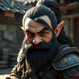 a hyperrealistic medieval martial artist gnome, featuring deep green eyes that convey intensity, a dark wavy beard, and thick dark hair flowing back
