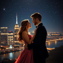 A romantic couple embracing under a starlit sky, surrounded by a breathtaking night view of a city skyline illuminated by lights