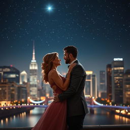 A romantic couple embracing under a starlit sky, surrounded by a breathtaking night view of a city skyline illuminated by lights