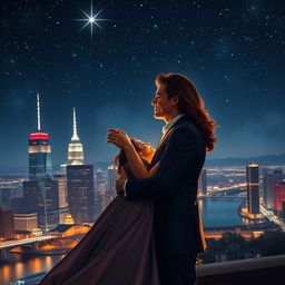 A romantic couple embracing under a starlit sky, surrounded by a breathtaking night view of a city skyline illuminated by lights