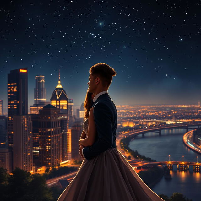 A romantic couple embracing under a starlit sky, surrounded by a breathtaking night view of a city skyline illuminated by lights