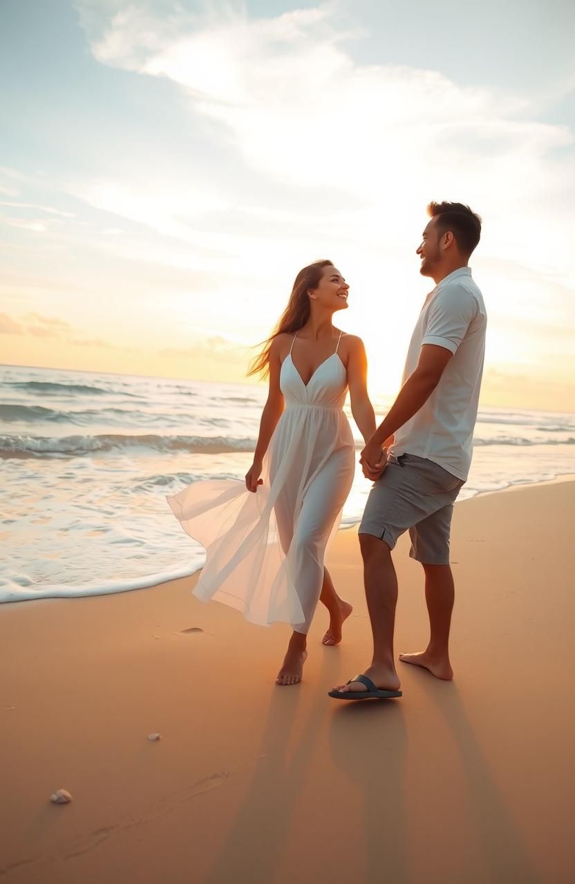 A romantic couple walking hand in hand along a beautiful beach during sunset, the warm golden light reflecting off the gentle waves