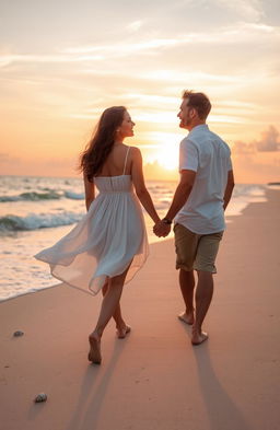 A romantic couple walking hand in hand along a beautiful beach during sunset, the warm golden light reflecting off the gentle waves