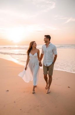 A romantic couple walking hand in hand along a beautiful beach during sunset, the warm golden light reflecting off the gentle waves