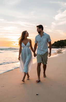 A romantic couple walking hand in hand along a beautiful beach during sunset, the warm golden light reflecting off the gentle waves