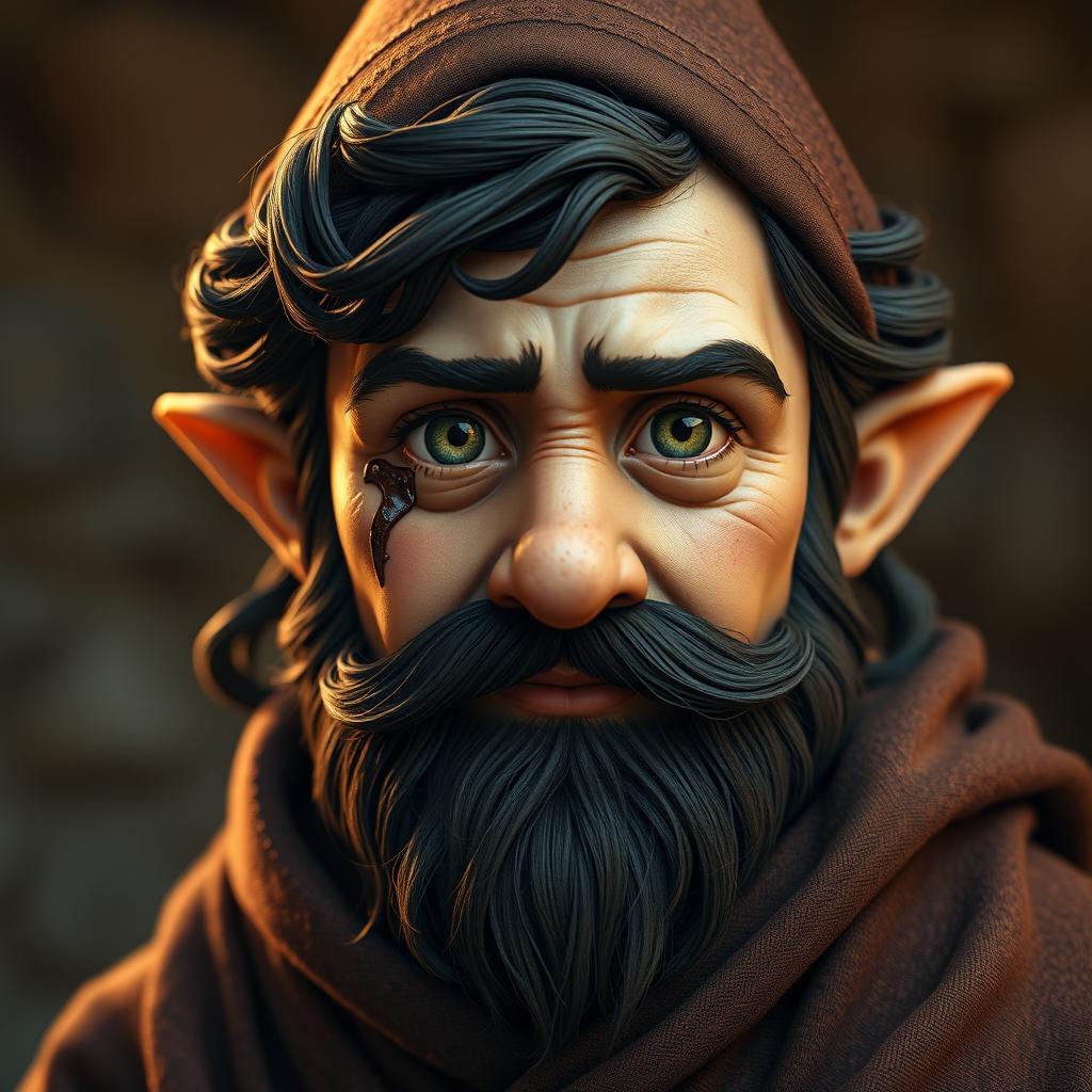 A hyperrealistic depiction of a medieval monk gnome, featuring striking green eyes, a dark beard, and dark wavy hair