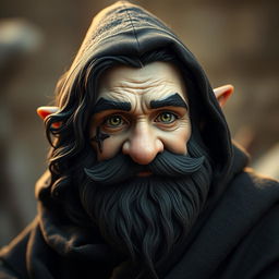 A hyperrealistic depiction of a medieval monk gnome, featuring striking green eyes, a dark beard, and dark wavy hair
