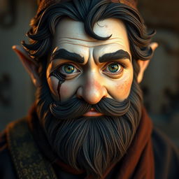 A hyperrealistic depiction of a medieval monk gnome, featuring striking green eyes, a dark beard, and dark wavy hair