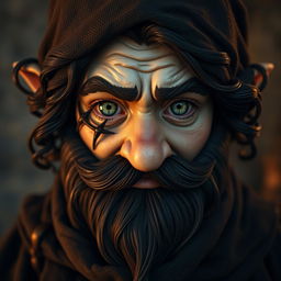 A hyperrealistic depiction of a medieval monk gnome, featuring striking green eyes, a dark beard, and dark wavy hair