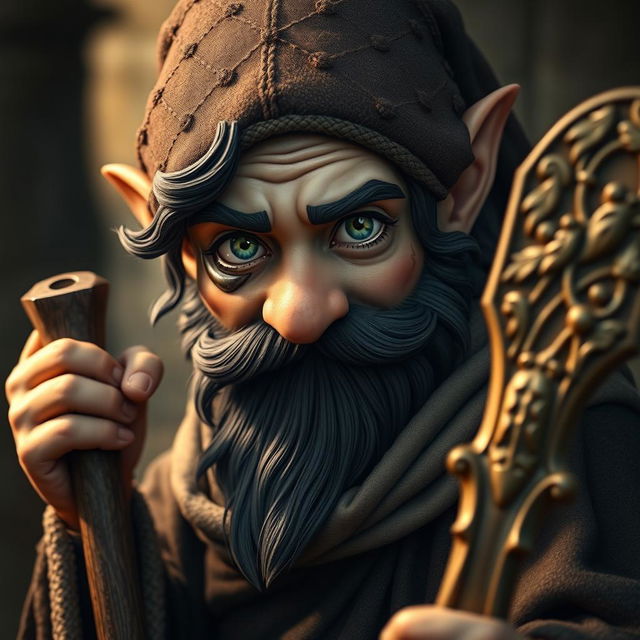 A hyperrealistic depiction of a medieval monk gnome, featuring striking green eyes, a dark beard, and dark wavy hair