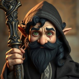 A hyperrealistic depiction of a medieval monk gnome, featuring striking green eyes, a dark beard, and dark wavy hair