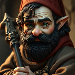 A hyperrealistic depiction of a medieval monk gnome, featuring striking green eyes, a dark beard, and dark wavy hair