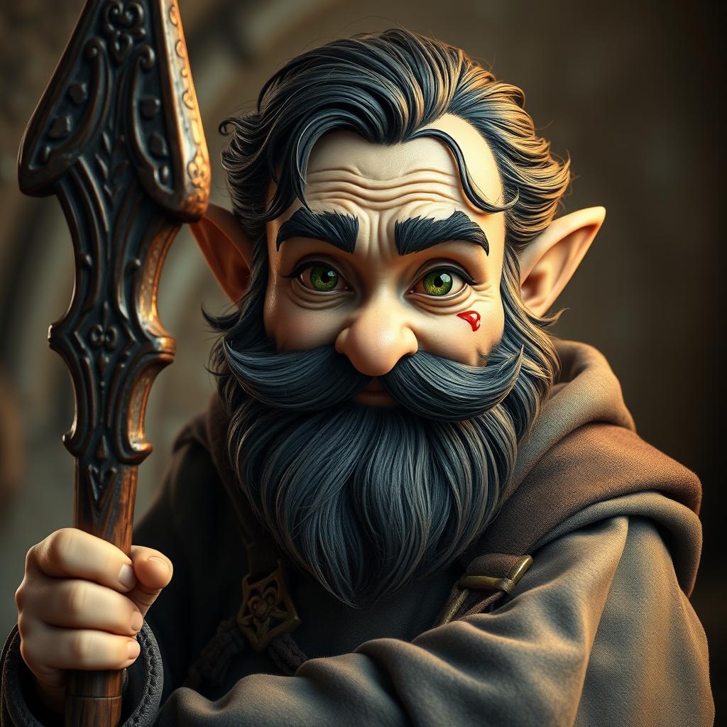 A hyperrealistic depiction of a medieval monk gnome, featuring striking green eyes, a dark beard, and dark wavy hair