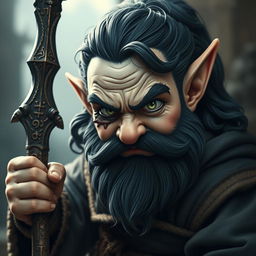 An aggressive hyperrealistic depiction of a medieval monk gnome, showcasing intense green eyes, a dark beard, and dark wavy hair