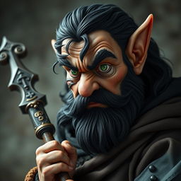 An aggressive hyperrealistic depiction of a medieval monk gnome, showcasing intense green eyes, a dark beard, and dark wavy hair